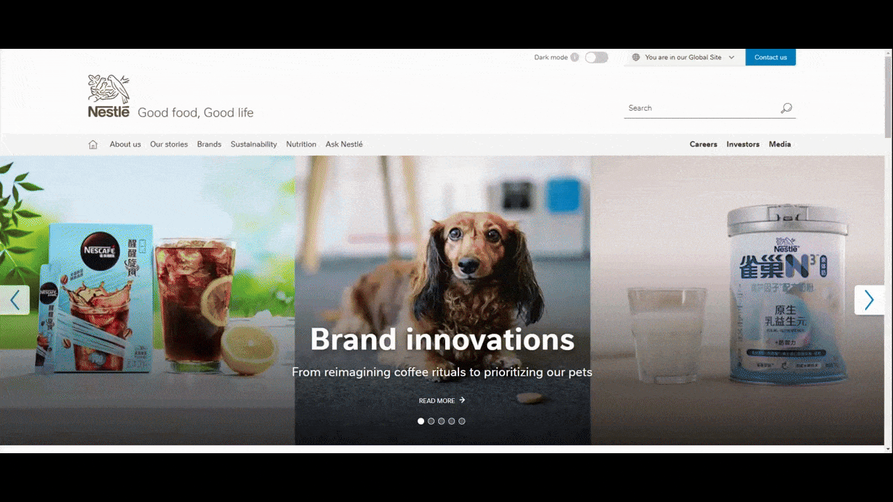 In this GIF, we see how the language switcher on the Nestlé website works. It goes from the global site in English to Turkey to the Dominican Republic to Australia.